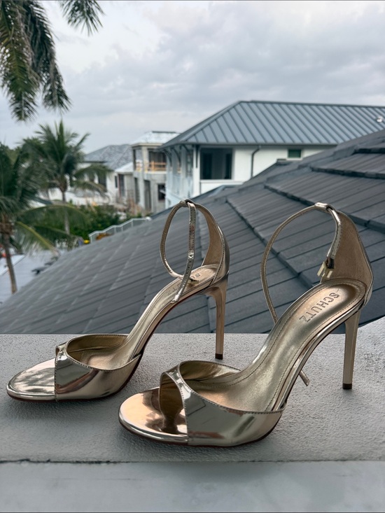 SCHUTZ Shoes - SCHUTZ Metallic Gold Open-Toe Ankle-Strap Stilettos